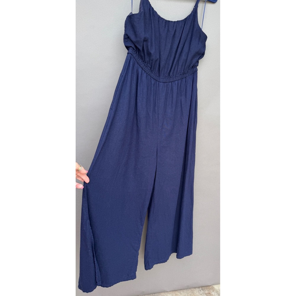 Haute Hippie Style Jumpsuit M Navy Blue Wide Leg Adjustable Strap‎ Pockets Slits
